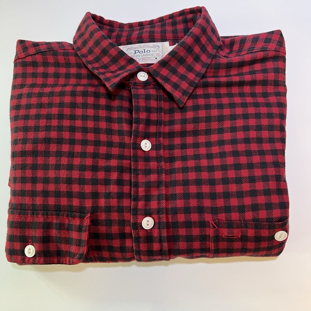 Polo Ralph‎ Lauren Mens Red Black Checkered Plaid Long Sleeve Button Down Shirt